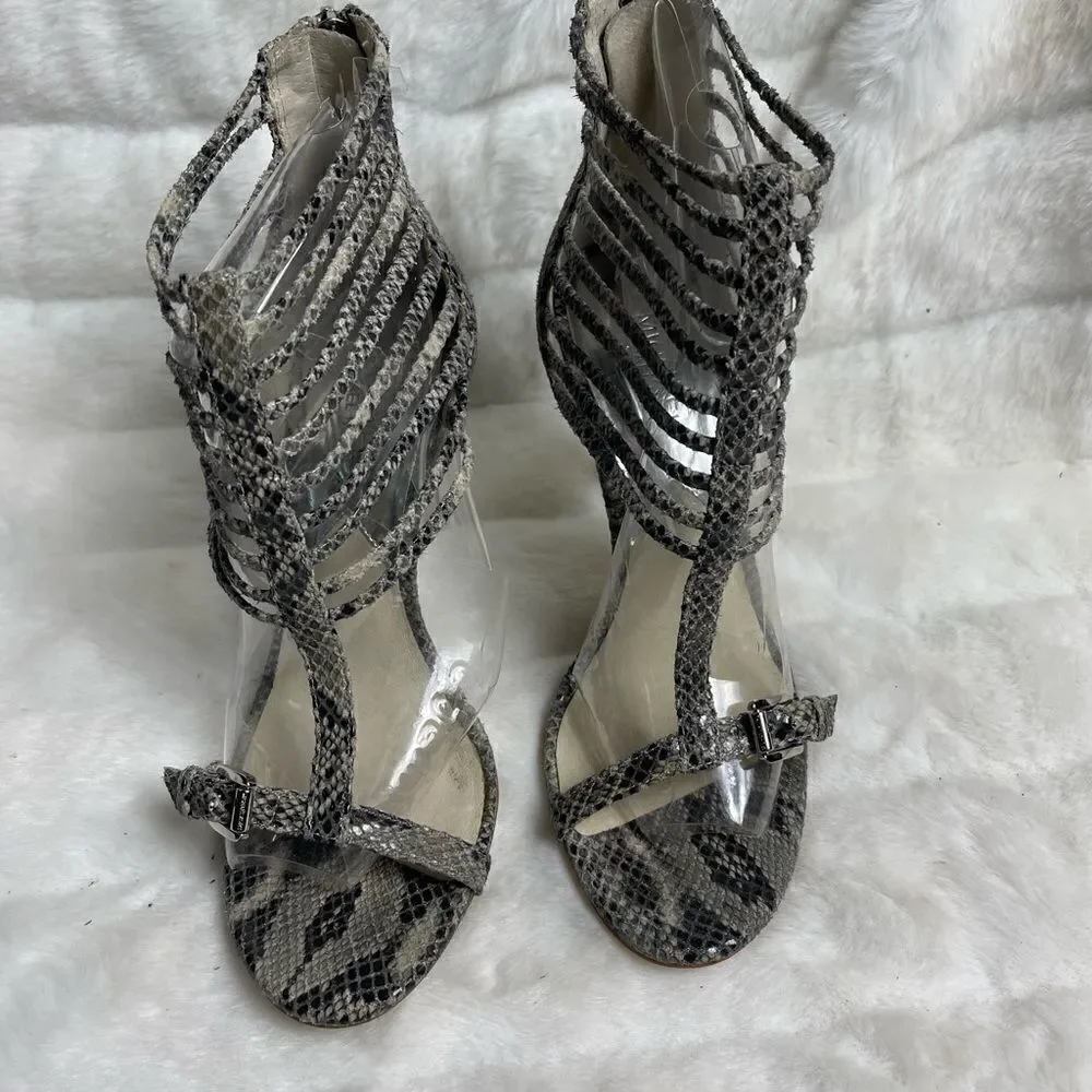 Michael Kors leather snake skin print beige and gray cage T Straps heels size9M